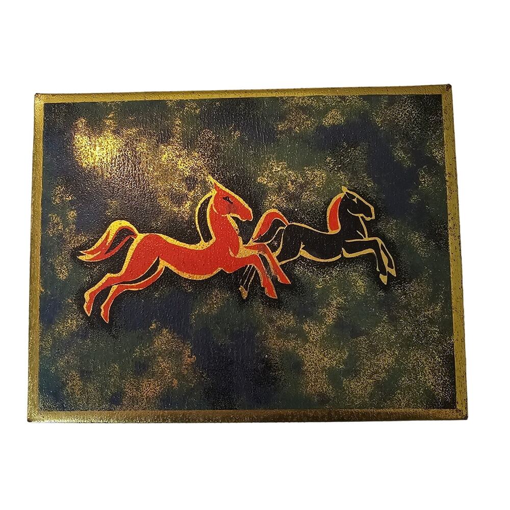 Vintage West Germany Decorative Metal Box with Painted Horses Gold Tone